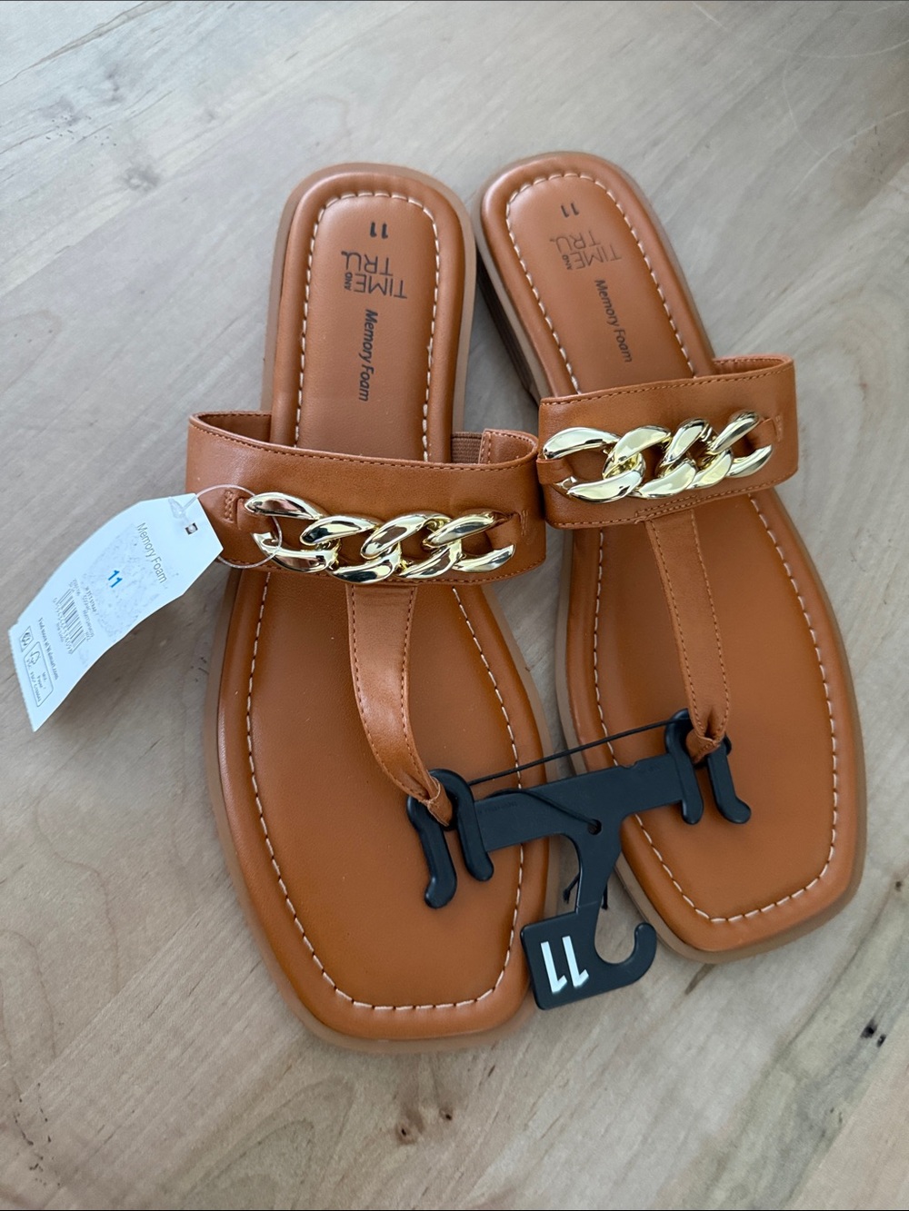 Time and Tru Cognac Slide Sandals with Gold Chain Accent - Picture 3 of 4
